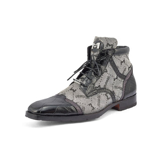 Mauri 3069 Jetset Men's Shoes Black & Gray Exotic Alligator / Ostrich Leg / Mauri Fabric Derby Boots (MA5396)-AmbrogioShoes