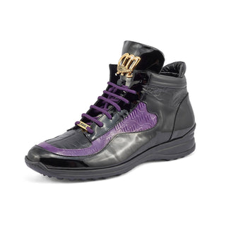 Mauri 8409 Hype Men's Shoes Black & Purple Exotic Crocodile / Ostrich Leg / Patent Leather High-Top Sneakers (MA5405)-AmbrogioShoes