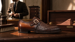 Ambrogio 21296 brown calf-skin leather single monk-strap shoe with patterned vamp and gold buckle on a walnut dressing table