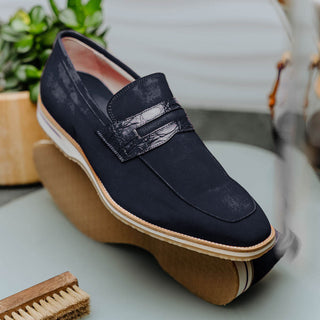Zelli Italia Meo 3 Men's Shoes Navy Genuine Suede Goat Skin Penny Loafer (ZEL1002)