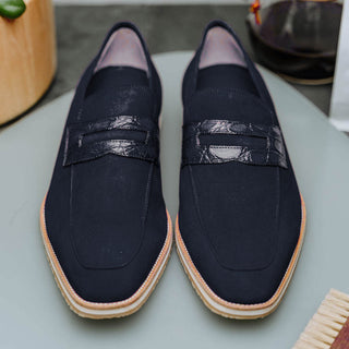 Zelli Italia Meo 3 Men's Shoes Navy Genuine Suede Goat Skin Penny Loafer (ZEL1002)
