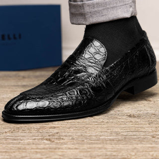 Zelli Italia Roma Men's Shoes Black Crocodile Skin Penny Loafer (ZEL1003)