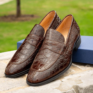 Zelli Italia Roma Men's Shoes Cognac Crocodile Skin Penny Loafer (ZEL1003)