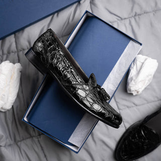 Zelli Italia Franco Men's Shoes Black Crocodile Skin Tassel Loafer (ZEL1005)