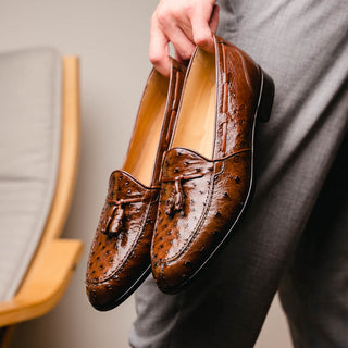 Zelli Italia Franco Men’s Shoes Brown Ostrich Skin Tassel Loafer (ZEL1015)
