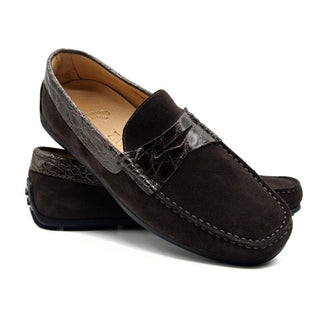 Zelli Italia Monza Men's Shoes Nicotine Calf-Skin Suede & Crocodile Skin Driver (ZEL1044)