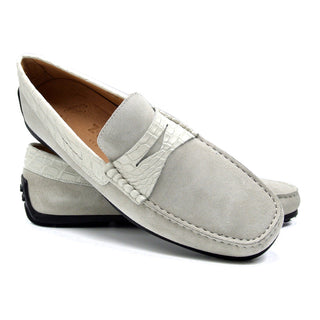Zelli Italia Monza Men's Shoes White Calf-Skin Suede & Crocodile Skin Driver (ZEL1044)