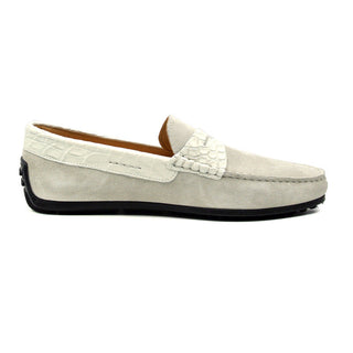 Zelli Italia Monza Men's Shoes White Calf-Skin Suede & Crocodile Skin Driver (ZEL1044)