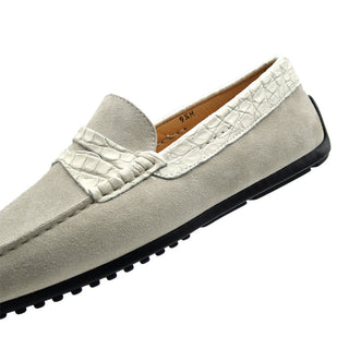 Zelli Italia Monza Men's Shoes White Calf-Skin Suede & Crocodile Skin Driver (ZEL1044)