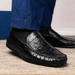 Zelli Italia Monza Men's Shoes Black Ostrich Skin Driver (ZEL1047)