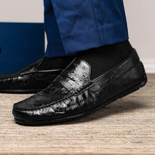 Zelli Italia Monza Men's Shoes Black Ostrich Skin Driver (ZEL1047)