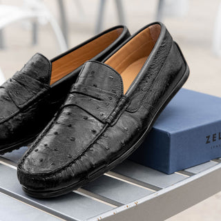 Zelli Italia Monza Men's Shoes Black Ostrich Skin Driver (ZEL1047)
