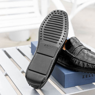 Zelli Italia Monza Men's Shoes Black Ostrich Skin Driver (ZEL1047)