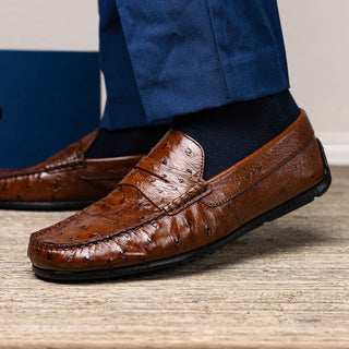 Zelli Italia Monza Men's Shoes Brown Ostrich Skin Driver (ZEL1047)