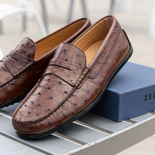 Zelli Italia Monza Men's Shoes Brown Ostrich Skin Driver (ZEL1047)