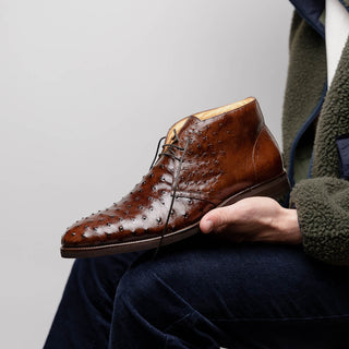 Zelli Italia Marco Men's Shoes Brown Ostrich Skin Chukka Boot (ZEL1069)