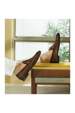 Magnanni 24461 Herman Boltiarcade Cognac Woven Leather Penny Loafers (MAGS1080)