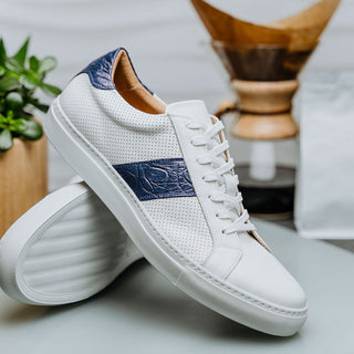 Zelli Italia Olympias Men's Shoes White & Navy Crocodile Skin / Calf-Skin Leather Sneaker (ZEL1057)