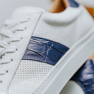 Zelli Italia Olympias Men's Shoes White & Navy Crocodile Skin / Calf-Skin Leather Sneaker (ZEL1057)