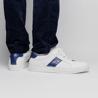 Zelli Italia Olympias Men's Shoes White & Navy Crocodile Skin / Calf-Skin Leather Sneaker (ZEL1057)