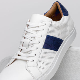 Zelli Italia Olympias Men's Shoes White & Navy Crocodile Skin / Calf-Skin Leather Sneaker (ZEL1057)