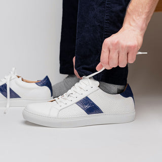 Zelli Italia Olympias Men's Shoes White & Navy Crocodile Skin / Calf-Skin Leather Sneaker (ZEL1057)