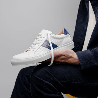 Zelli Italia Olympias Men's Shoes White & Navy Crocodile Skin / Calf-Skin Leather Sneaker (ZEL1057)