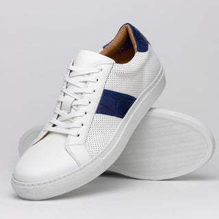 Zelli Italia Olympias Men's Shoes White & Navy Crocodile Skin / Calf-Skin Leather Sneaker (ZEL1057)