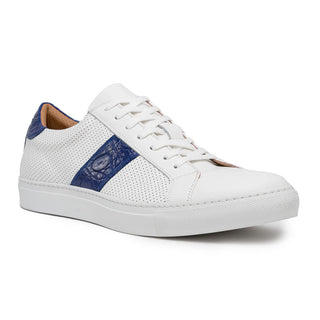 Zelli Italia Olympias Men's Shoes White & Navy Crocodile Skin / Calf-Skin Leather Sneaker (ZEL1057)