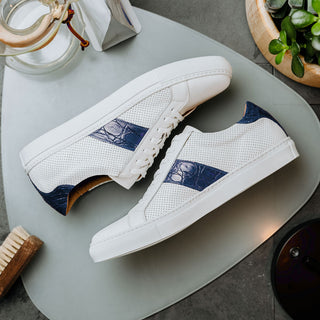Zelli Italia Olympias Men's Shoes White & Navy Crocodile Skin / Calf-Skin Leather Sneaker (ZEL1057)