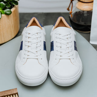 Zelli Italia Olympias Men's Shoes White & Navy Crocodile Skin / Calf-Skin Leather Sneaker (ZEL1057)