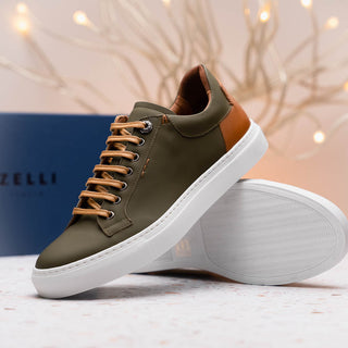 Zelli Italia Diaz Men's Shoes Olive Rubberized Calf-Skin Leather Sneaker (ZEL1062)