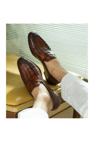 Magnanni 24461 Herman Boltiarcade Cognac Woven Leather Penny Loafers (MAGS1080)