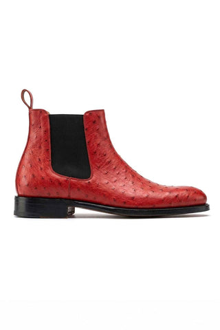 Ambrogio Anthony red ostrich skin Chelsea boot with black elastic and pull tab.