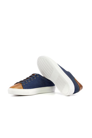 Ambrogio Luxury Cognac & Navy Jeans / Leather Trainer Sneakers (AMB2546)-AmbrogioShoes