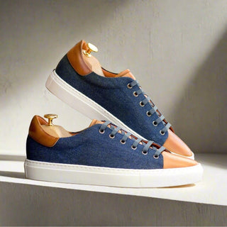 Ambrogio Luxury Cognac & Navy Jeans / Leather Trainer Sneakers (AMB2546)-AmbrogioShoes