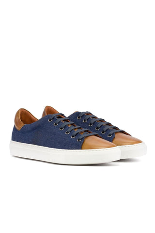 Ambrogio Luxury Cognac & Navy Jeans / Leather Trainer Sneakers (AMB2546)-AmbrogioShoes