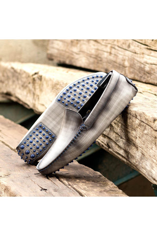 Ambrogio Luxury Gray Patina Leather Driver Loafers (AMB2540)-AmbrogioShoes