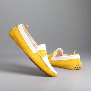 Ambrogio Luxury Men's Shoes White & Yellow Suede Leather Driver Loafers (AMB2542)-AmbrogioShoes