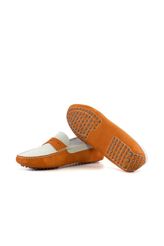 Ambrogio Luxury White & Orange Suede Driver Loafers (AMB2541)-AmbrogioShoes