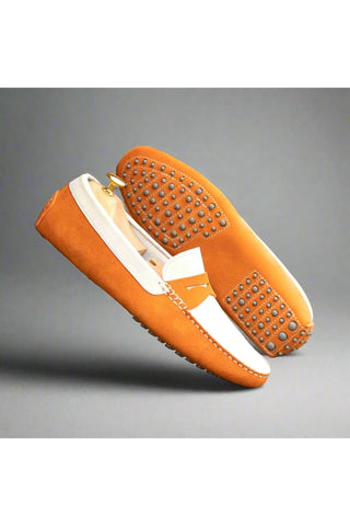 Ambrogio Luxury White & Orange Suede Driver Loafers (AMB2541)-AmbrogioShoes