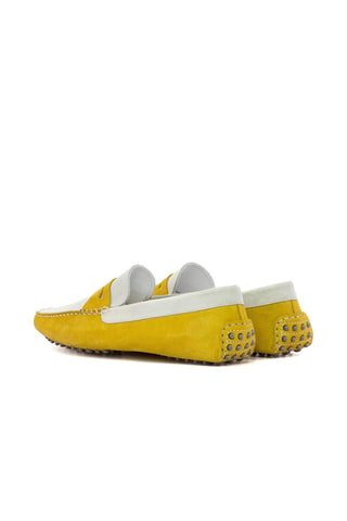 Ambrogio Luxury White & Yellow Suede Driver Loafers (AMB2542)-AmbrogioShoes