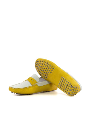 Ambrogio Luxury White & Yellow Suede Driver Loafers (AMB2542)-AmbrogioShoes