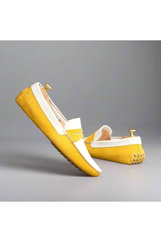 Ambrogio Luxury White & Yellow Suede Driver Loafers (AMB2542)-AmbrogioShoes