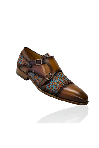 Ambrogio Multi-Color Fabric / Calf-Skin Leather Dress/ Formal Double Monk-Straps Loafers (AMZ1009)-AmbrogioShoes