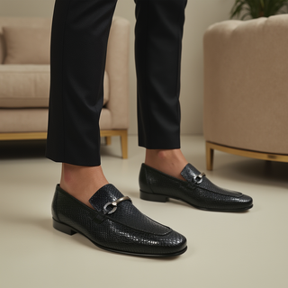 Ambrogio by Mezlan Black Snake Print Leather Horsebit Loafers (AMZ1015)-AmbrogioShoes