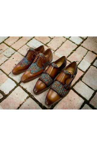 Ambrogio by Mezlan Multi-Color Fabric / Calf-Skin Leather Dress/ Formal Double Monk-Straps Loafers (AMZ1009)-AmbrogioShoes