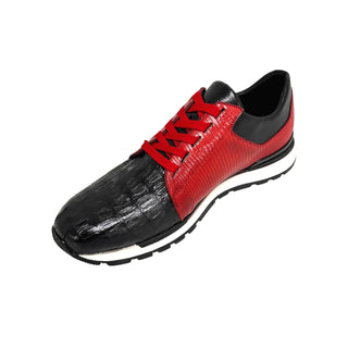 Belvedere 33631 Titan Men's Shoes Black & Red Exotic Caiman Crocodile / Lizard Casual Sneakers (BV3144)-AmbrogioShoes