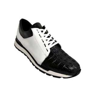 Belvedere 33631 Titan Men's Shoes Black & White Exotic Caiman Crocodile / Lizard / Calf-Skin Leather Casual Sneakers (BV3145)-AmbrogioShoes