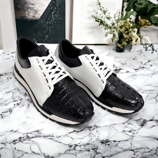 Belvedere 33631 Titan Men's Shoes Black & White Exotic Caiman Crocodile / Lizard / Calf-Skin Leather Casual Sneakers (BV3145)-AmbrogioShoes